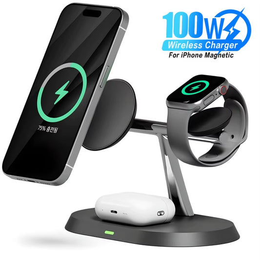 3 in 1 100W Magnetic Wireless Charger Stand for Magsafe Iphone 16 15 14 13 12 Apple Watch 8 7 Airpods Pro Fast Charging Station